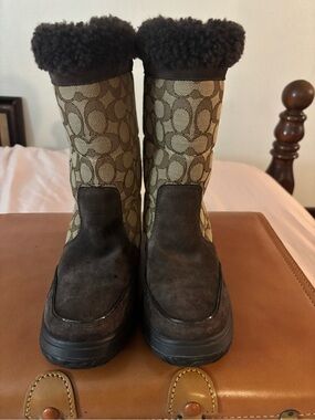 Coach Brown Signature Canvas Shearling-Trim Boots